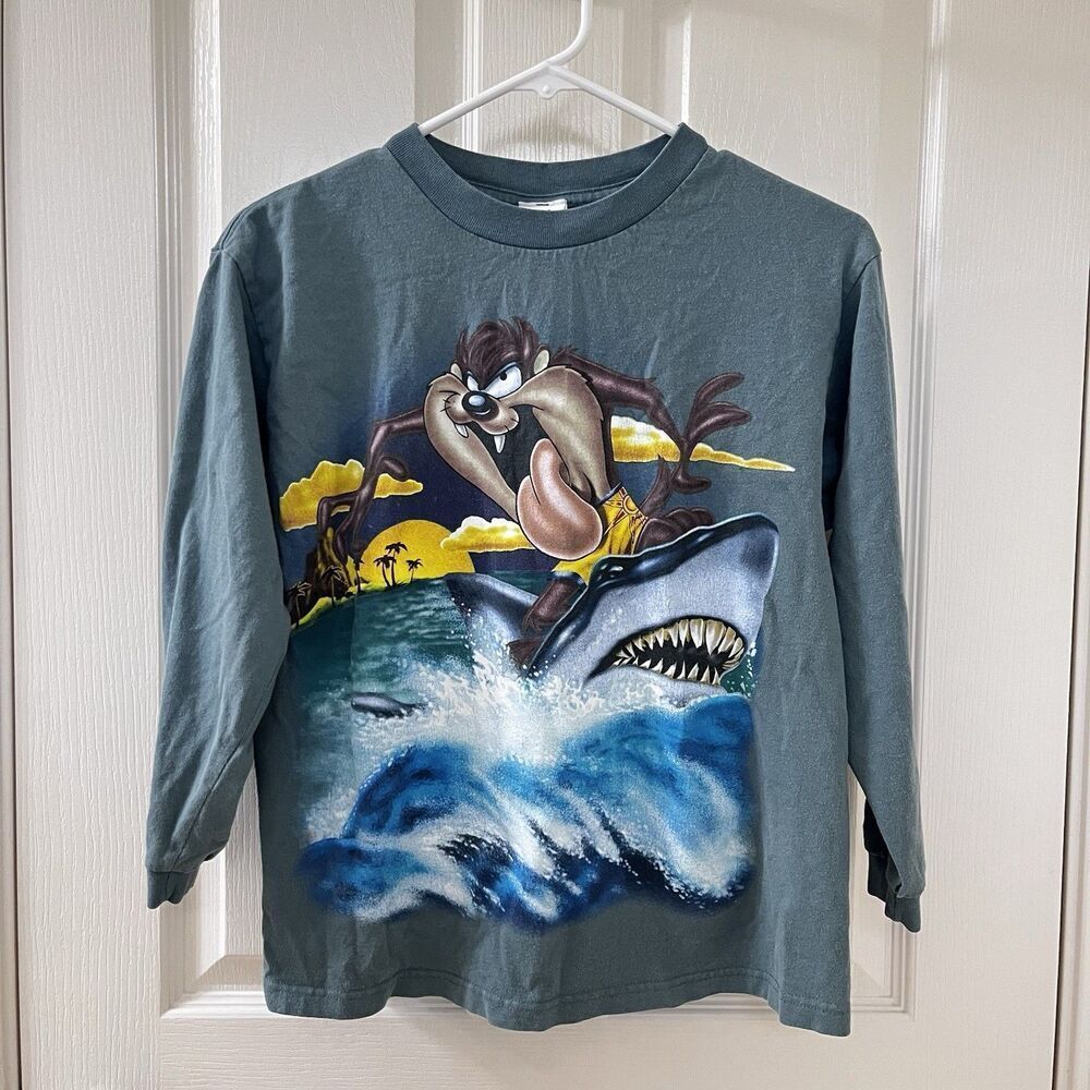 Vintage Looney Tunes Tazmanian Devil Surfing Shark Long Sleeve Top Youth Size L
